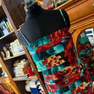 Vibrant Floral Adjustable Straps Cocktail Dress in Teal & Red